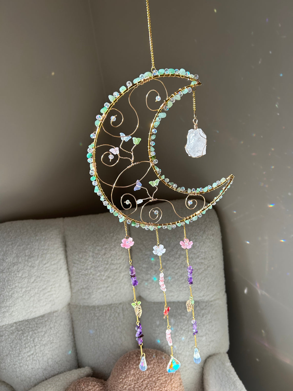 Suncatcher - zonnevanger ‘Faiye’ met aventurijn, amethist en rozenkwarts edelstenen