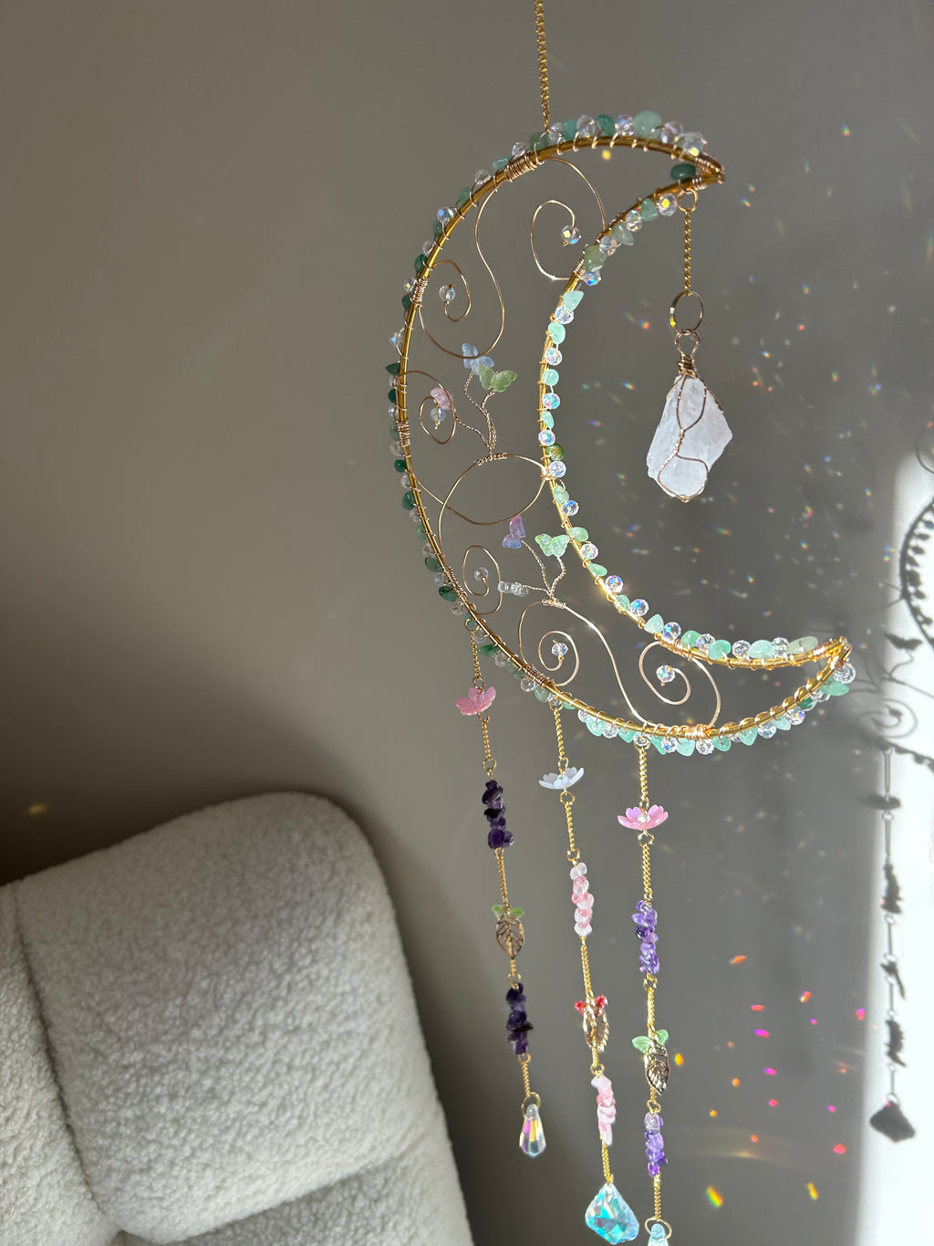 Suncatcher - zonnevanger ‘Faiye’ met aventurijn, amethist en rozenkwarts edelstenen