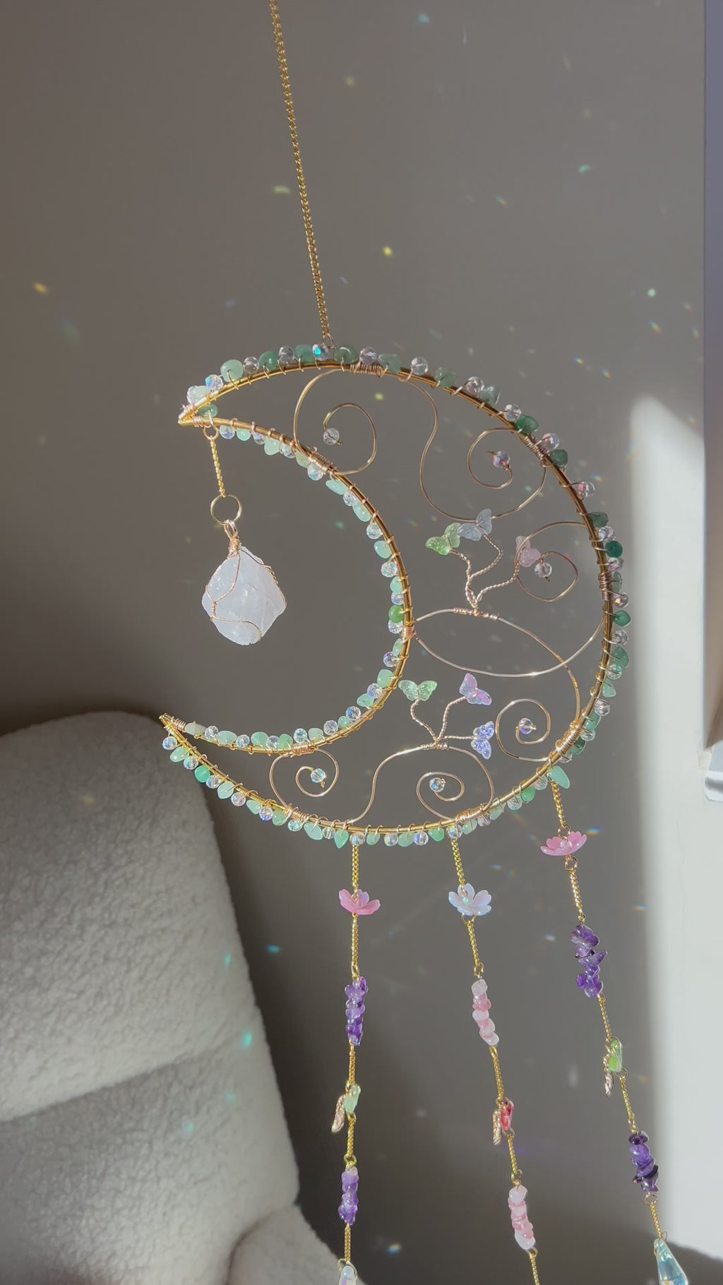 Suncatcher - zonnevanger ‘Faiye’ met aventurijn, amethist en rozenkwarts edelstenen